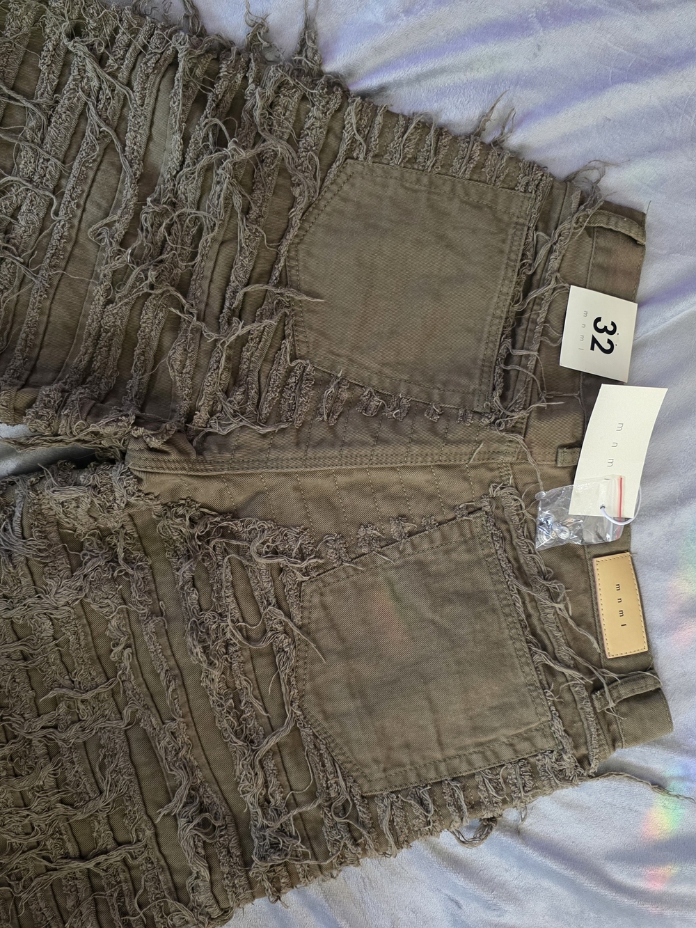 mnml Allover Frayed Denim Shorts in olive green